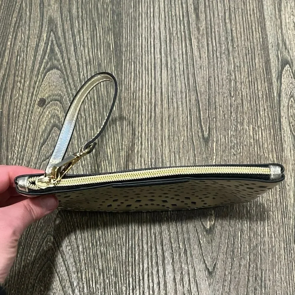 Victoria's Secret Wristlet Bag Makeup Cosmetics Zipper Closure Perforated Gold